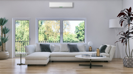modern bright interiors Living room with air conditioning illustration 3D rendering computer generated image