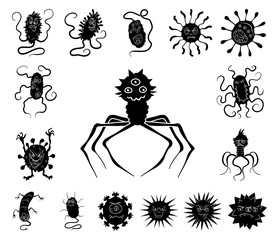 Types of funny microbes black icons in set collection for design. Microbes pathogenic vector symbol stock web illustration.