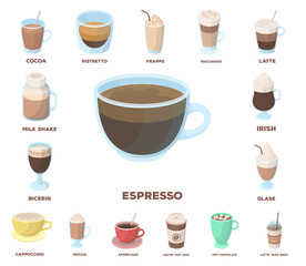 Different kinds of coffee cartoon icons in set collection for design. Coffee drink vector symbol stock web illustration.