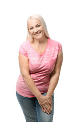 Fototapeta premium Portrait of beautiful mature woman on white background