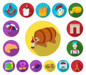 Country France flat icons in set collection for design. France and landmark vector symbol stock web illustration.
