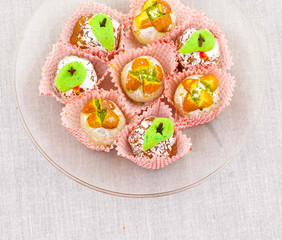 Indian Traditional Mix Sweet Food or Mix Mithai include Peda, Mawa Burfi, Dry Fruits Sweet, Halwa or Coconut Burfi