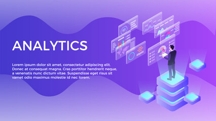 Man interacting with virtual charts and analyzing statistics.