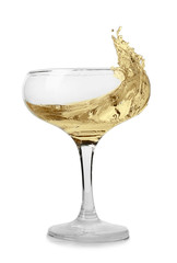 Glass of champagne with splash on white background