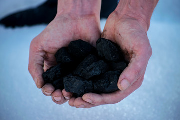 hands hold a handful of coal