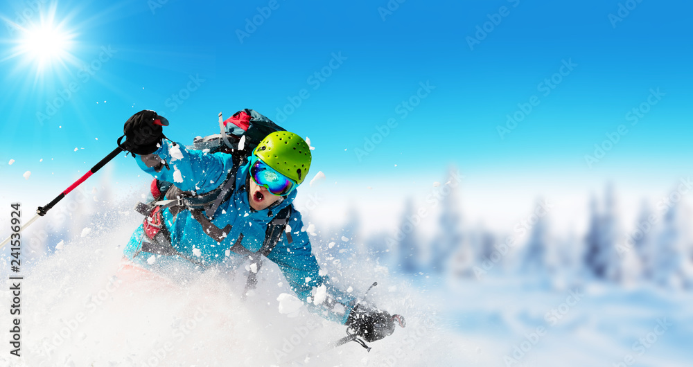 Poster young man skiing on piste