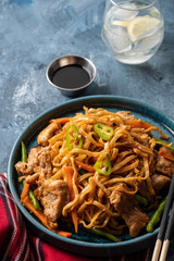 Asian noodles with pork in teriyaki sauce, with green beans, carrots and shiitake mushrooms.