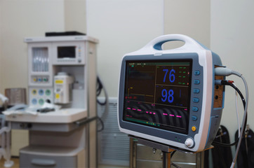 ECG/EKG (Electrocardiography) monitor heart rate and oxygen levels at operating or emergency room...