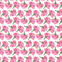 Seamless pattern of side view watercolor rose flowers, blooms, blossoms on white background. Pink watercolor rose flowers on white background, seamless pattern, backdrop, textile, print design