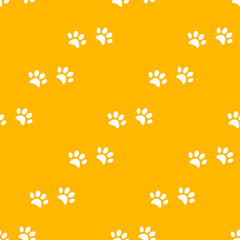 Vector seamless pattern and background with icons footprint to pets and animals - abstract background for pet shop websites and prints. White marks on a orange background.