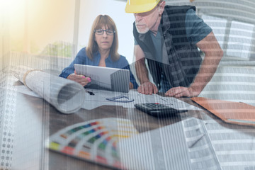 Architects working on plans, double exposure