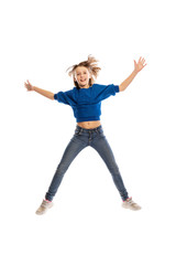 Obraz premium Cute teen girl in a jump, isolated on white background