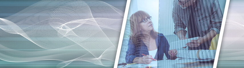 Architects working on plans, double exposure. panoramic banner