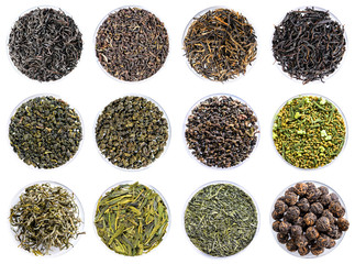 Fototapeta premium collection of green tea top view close-up set isolated on white background