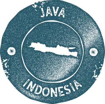 Java map vintage stamp. Retro style handmade label, badge or element for travel souvenirs. Blue rubber stamp with island map silhouette. Vector illustration.