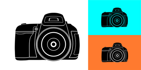 Camera icon in black on a white background with a substrate and examples of use.