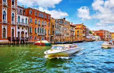 Venice, Italy. High-speed water motorboat floating by at Grand - obrazy, fototapety, plakaty