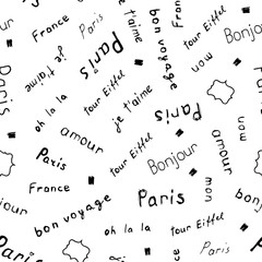 Vector seamless pattern with hand drawn French words.