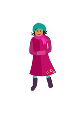 smiling and walking girl in winter clothes, modern clothes