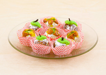 Indian Traditional Mix Sweet Food or Mix Mithai include Peda, Mawa Burfi, Dry Fruits Sweet, Halwa or Coconut Burfi