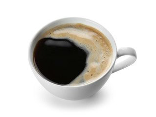 Cup of hot coffee on white background