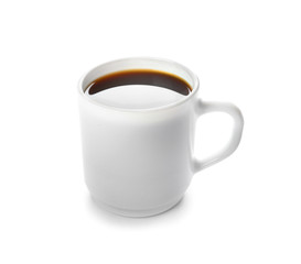 Cup of hot coffee on white background