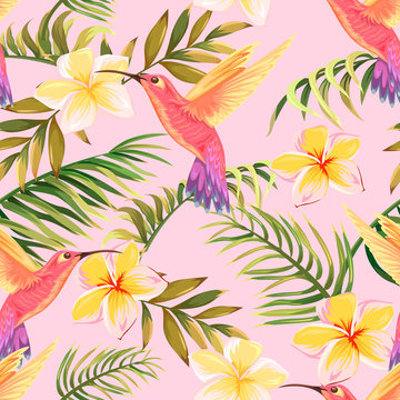 tropical pattern with flowers and hummingbirds