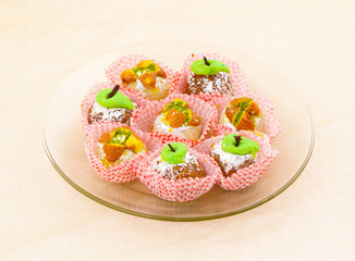 Indian Traditional Mix Sweet Food or Mix Mithai include Peda, Mawa Burfi, Dry Fruits Sweet, Halwa or Coconut Burfi