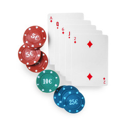 Chips with cards for poker game on white background