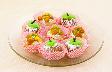 Indian Traditional Mix Sweet Food or Mix Mithai include Peda, Mawa Burfi, Dry Fruits Sweet, Halwa or Coconut Burfi
