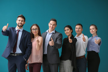 Team of young people on color background