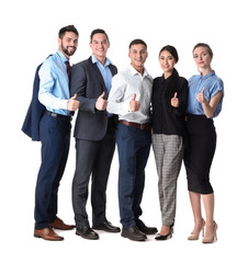 Fototapeta premium Young people showing thumb-up gesture on white background
