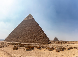 Fototapeta na wymiar Panorama of the area with the great pyramids of Giza with Pyramid of Khafre (or Chephren) and the Pyramid of Menkaure in the far view, Egypt