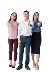 Obraz premium Successful business team collaboration and achievement, three young professionals giving thumbs up gesture, isolated on white background