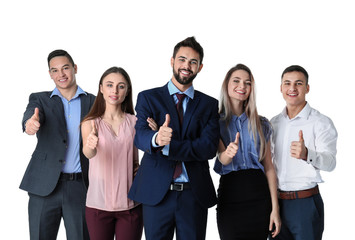 Young people showing thumb-up gesture on white background