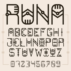Ethnic style font, runes alphabet, all letters and numbers, english abc, vintage typography, font design, decorative font