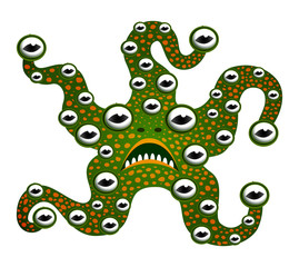Funny monster mutant starfish with teeth and a lot of eyes Green alien cartoon character for Halloween. Isolated object on white background. Vector illustration.