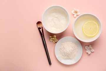 Composition with natural ingredients for facial mask on color background