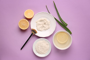 Composition with natural ingredients for facial mask on color background