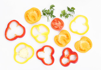 Cut vegetables on white background, flat lay