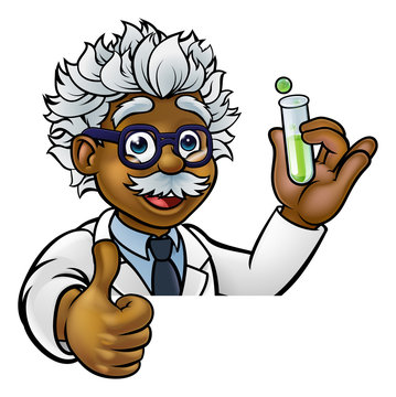 A cartoon scientist professor wearing lab white coat peeking above sign with a test tube and giving a thumbs up