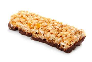 Tasty granola bar on white background