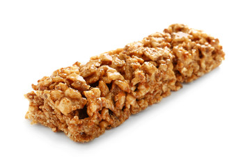 Tasty granola bar on white background