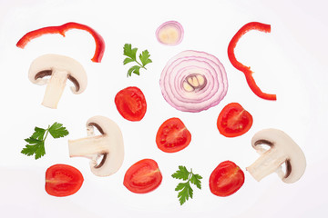 Different vegetables, mushrooms and parsley on white background