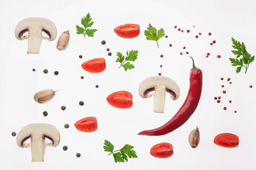 Different vegetables, mushrooms, parsley and spices on white background