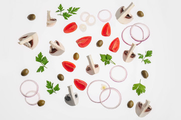 Different vegetables, mushrooms and parsley on white background