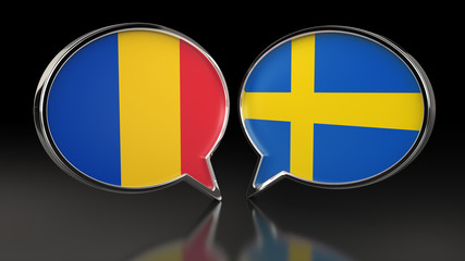Romania and Sweden flags with Speech Bubbles. 3D illustration