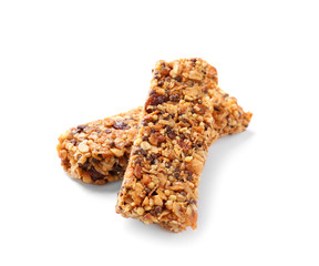 Tasty granola bars on white background