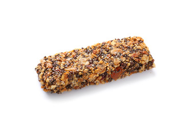Tasty granola bar on white background