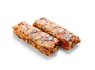 Tasty granola bars on white background